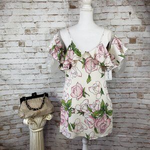 NWT Akaiv Size L Ivory Pink Rose Floral Print Cold Shoulder Summer Mini Dress